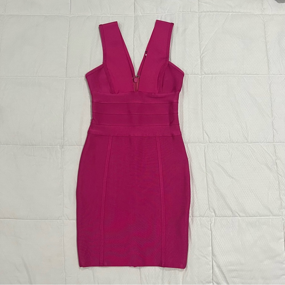 Herve Leger Pink Bodycon Dress Plunge Neckline Cocktail
